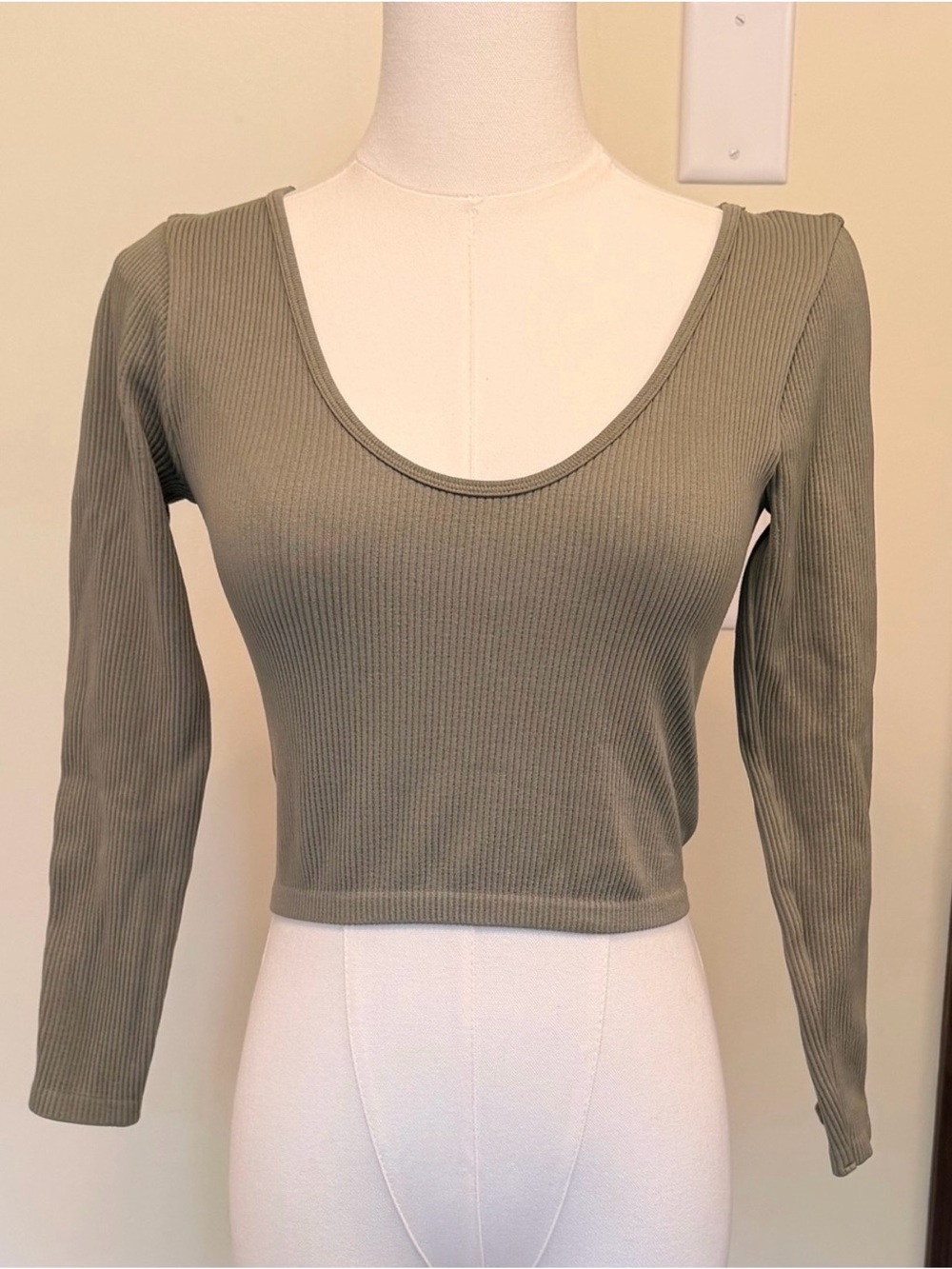 Zara Ribbed Scoop Neck Long Sleeve Top - Olive Green